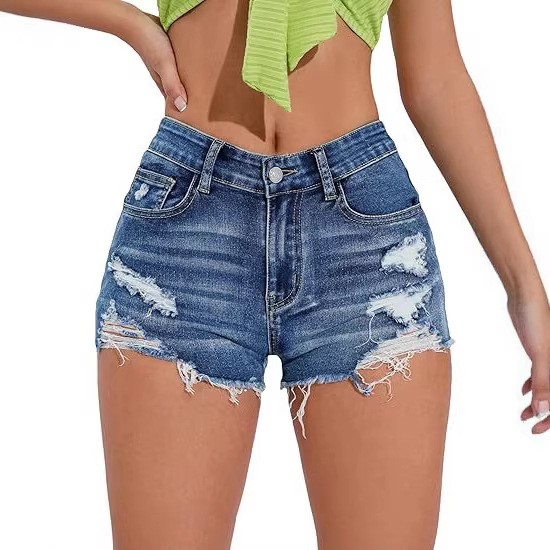 Shorts Denim Frayed - Damskie niebieskie jeansowe szorty z wysokim