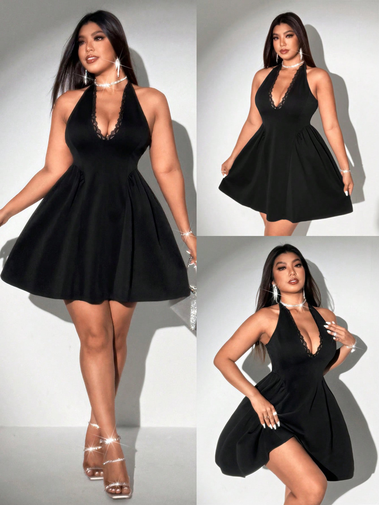 Maxi Dress Halter - Sukienka mini plus size damska, czarna,
